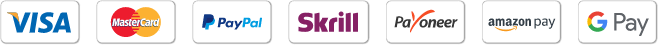 Logos de métodos de pago aceptados, incluyendo Visa, MasterCard, PayPal, Skrill, Payoneer, Amazon Pay y Google Pay.